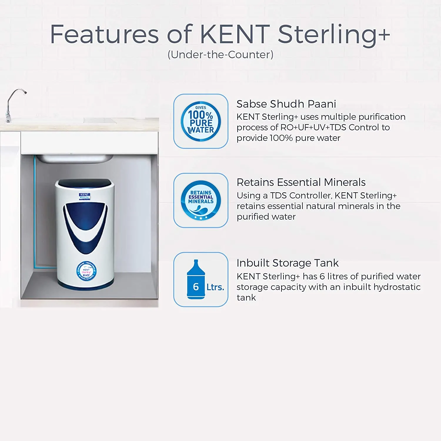 Kent Sterling Plus RO UV UF TDS Cont. Under The Sink RO Water Purifier