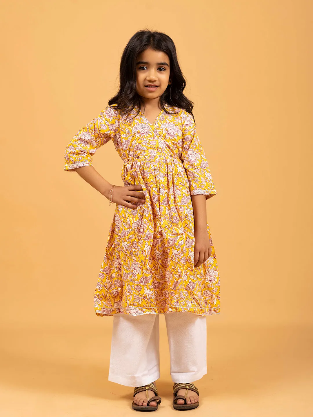 Kids Yellow Printed Cotton Angrakha Dress