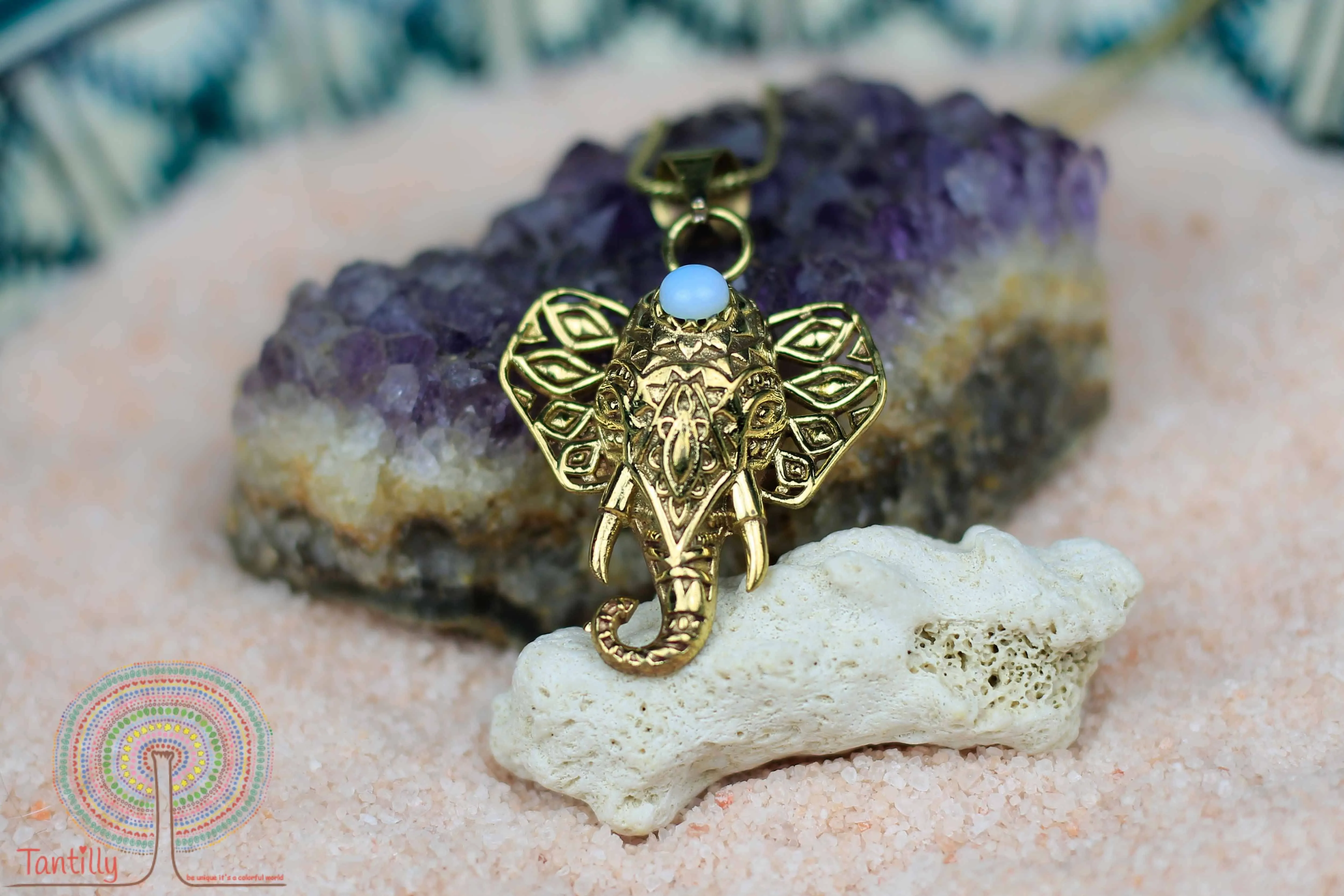 Lucky elephant - Gold brass necklace - choose your colour
