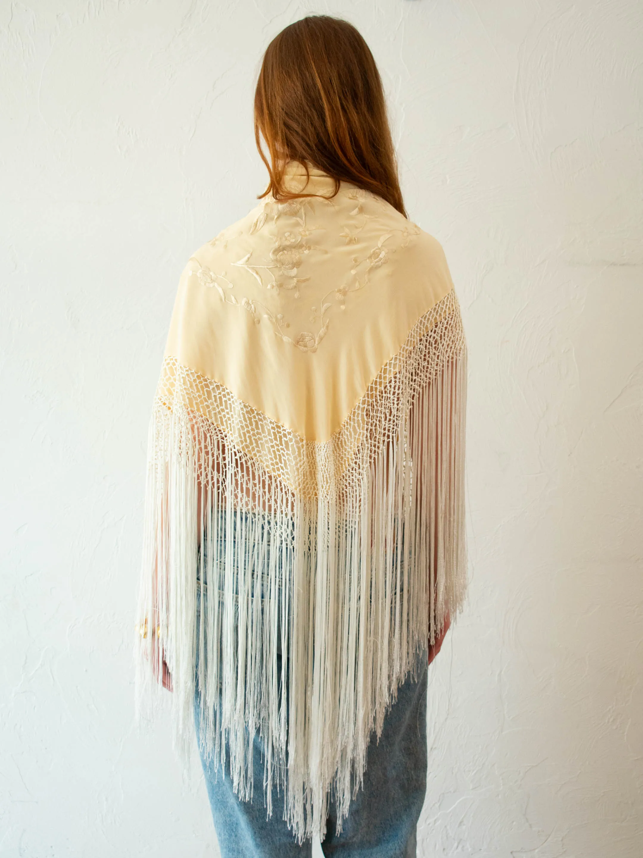 Vintage Embroidered Champagne Silk Piano Shawl