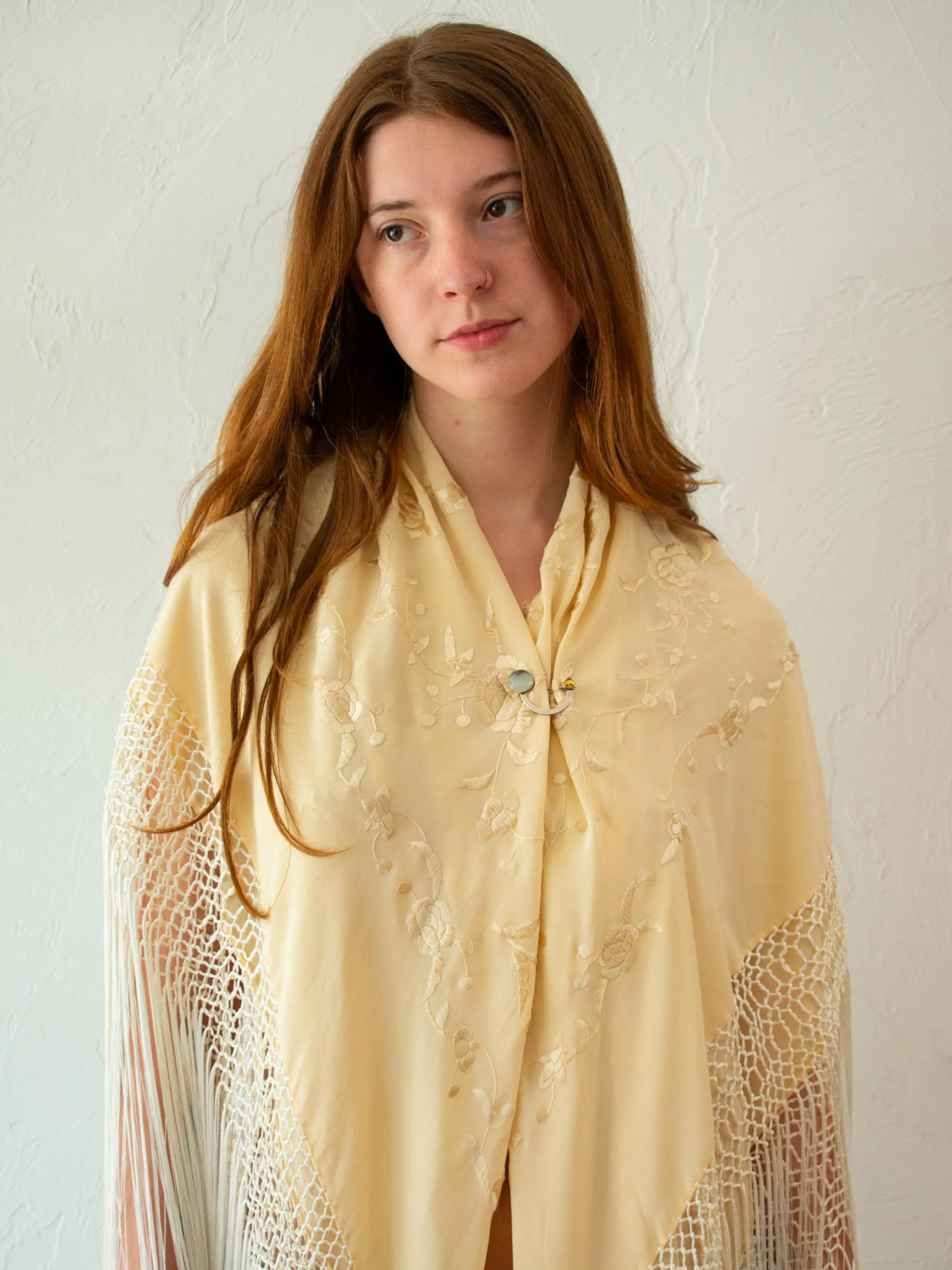 Vintage Embroidered Champagne Silk Piano Shawl